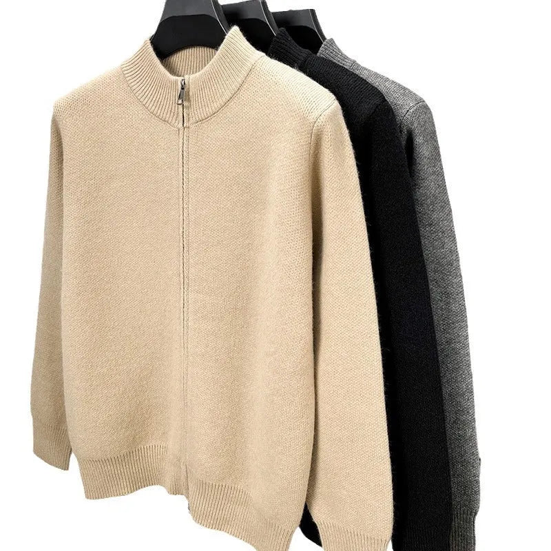 Men's black high collar zip-up knitted cardigan on a hanger, loose fit.