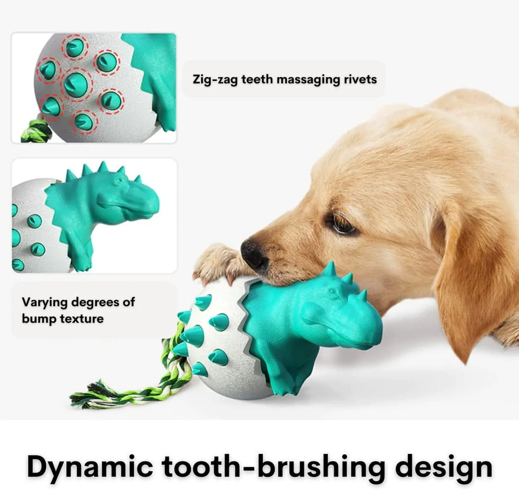 Blue dinosaur-shaped dog chew toy with textured rubber surface and attached nylon rope