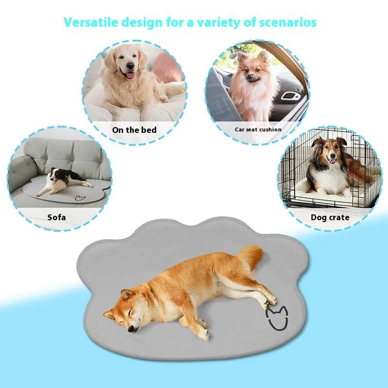Ice silk dog cooling mat with dog head shape in light grey colour on a wooden floor