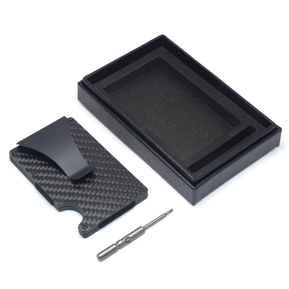 Carbon fibre and aluminium card wallet with geometric design holding multiple cards