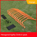 Set of six foldable yellow, green, and orange hexagon plastic agility training rings for football drills.