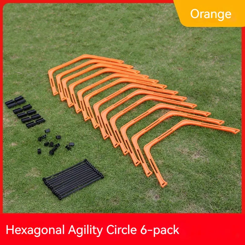 Set of six foldable yellow, green, and orange hexagon plastic agility training rings for football drills.