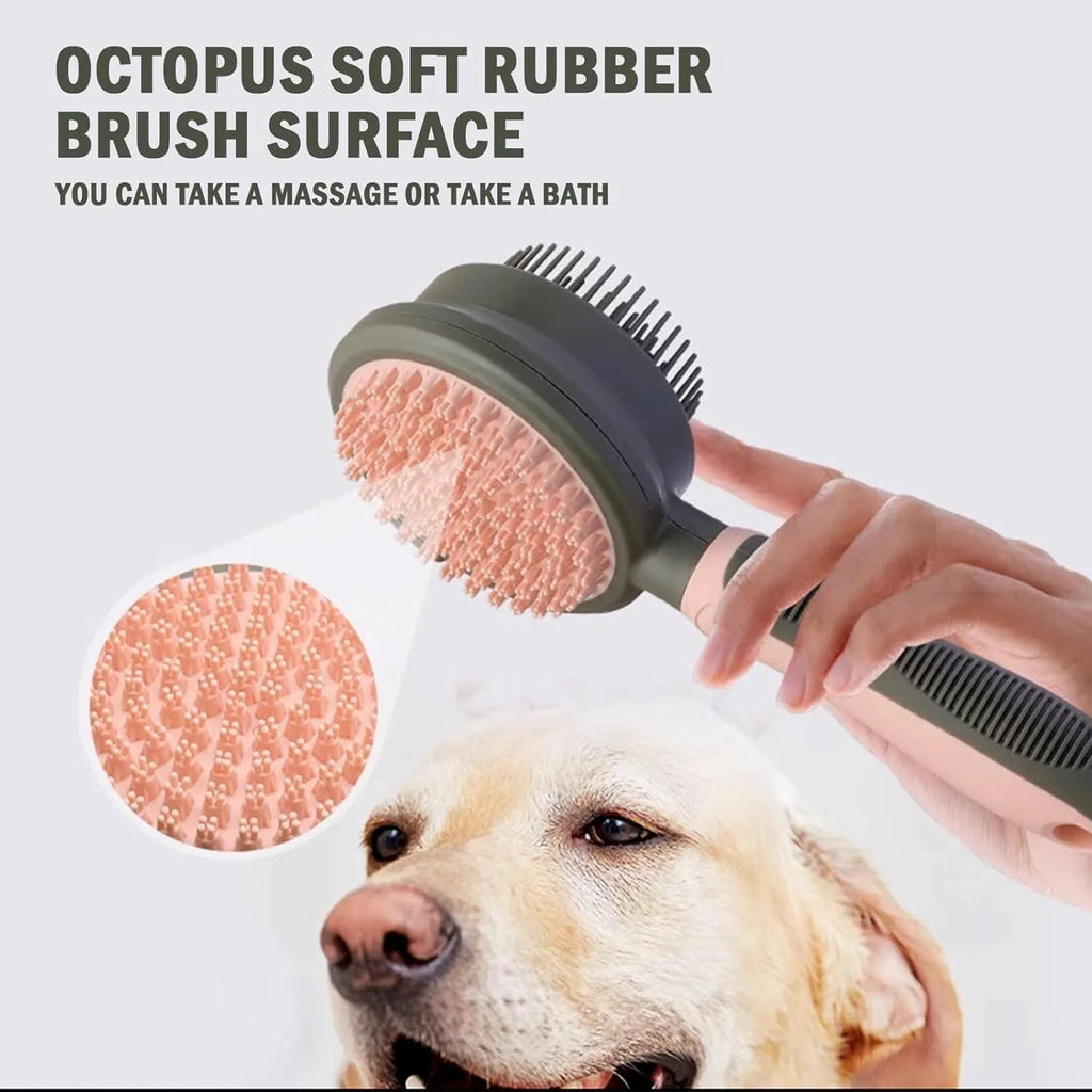 Double-sided pink cat brush with release button and separate flea comb for pet grooming