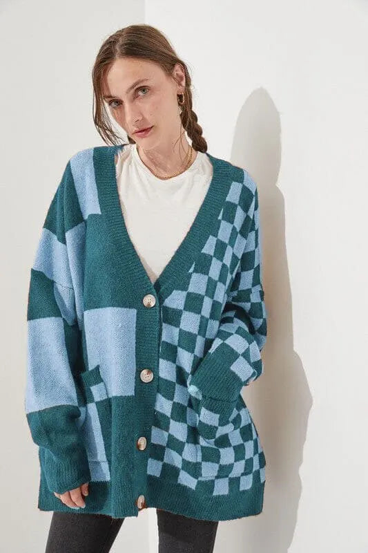 Printed checks loose slim fit cardigan in polyester spandex fabric available in six colours