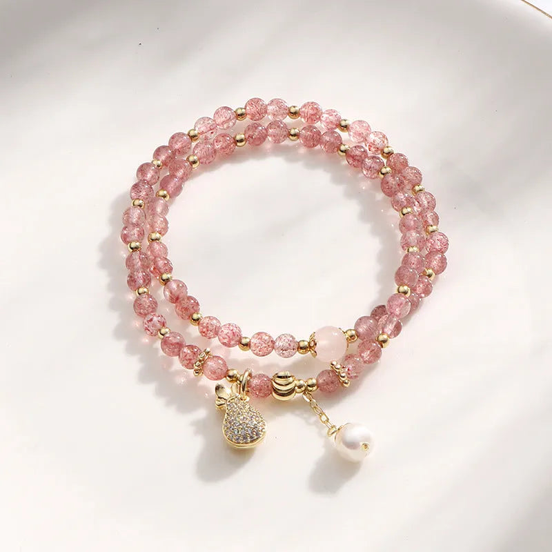 Strawberry quartz geometric bracelet with wallet charm women's crystal jewellery