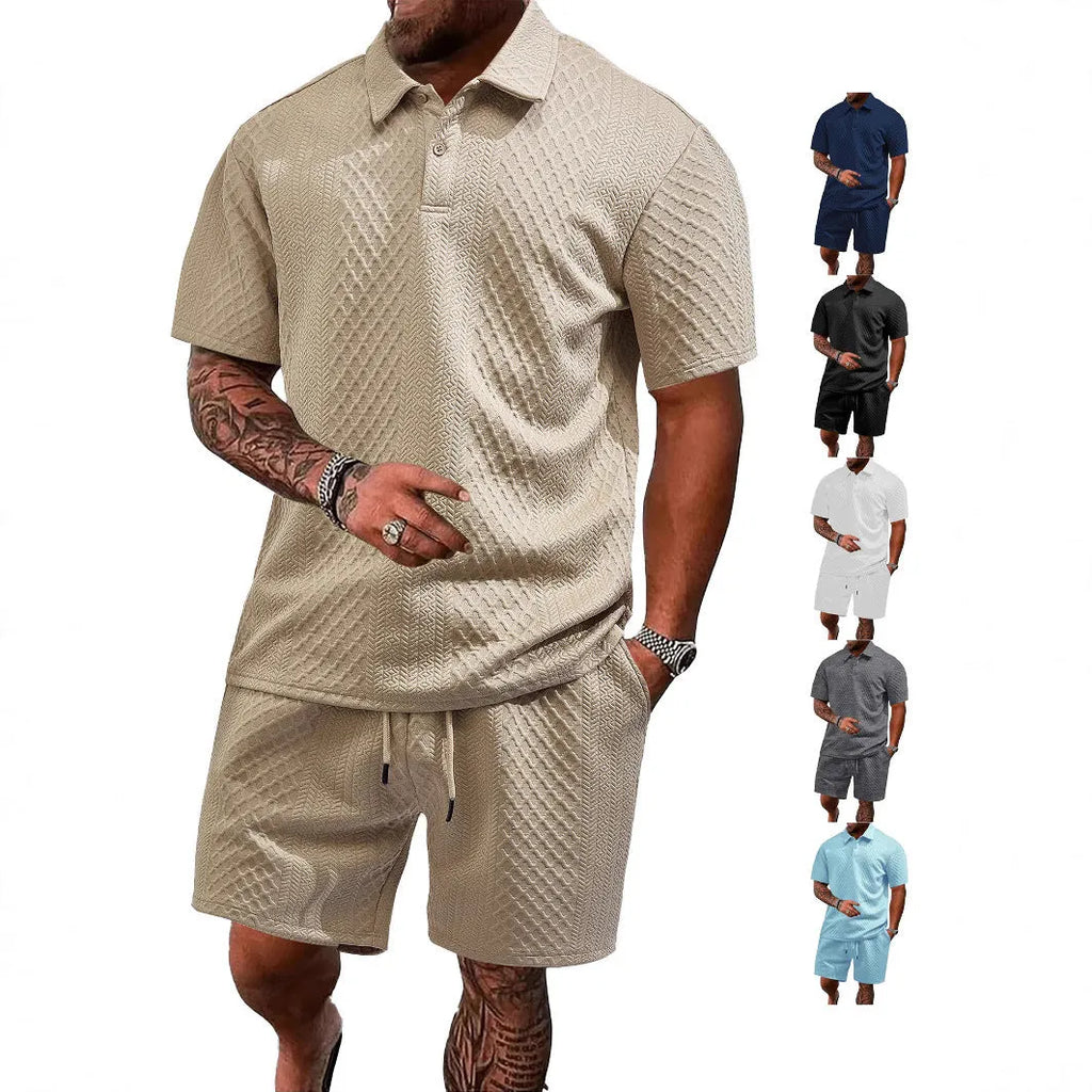 Men's figured cloth short sleeve casual suit with polo top and matching trousers in multiple colour options
