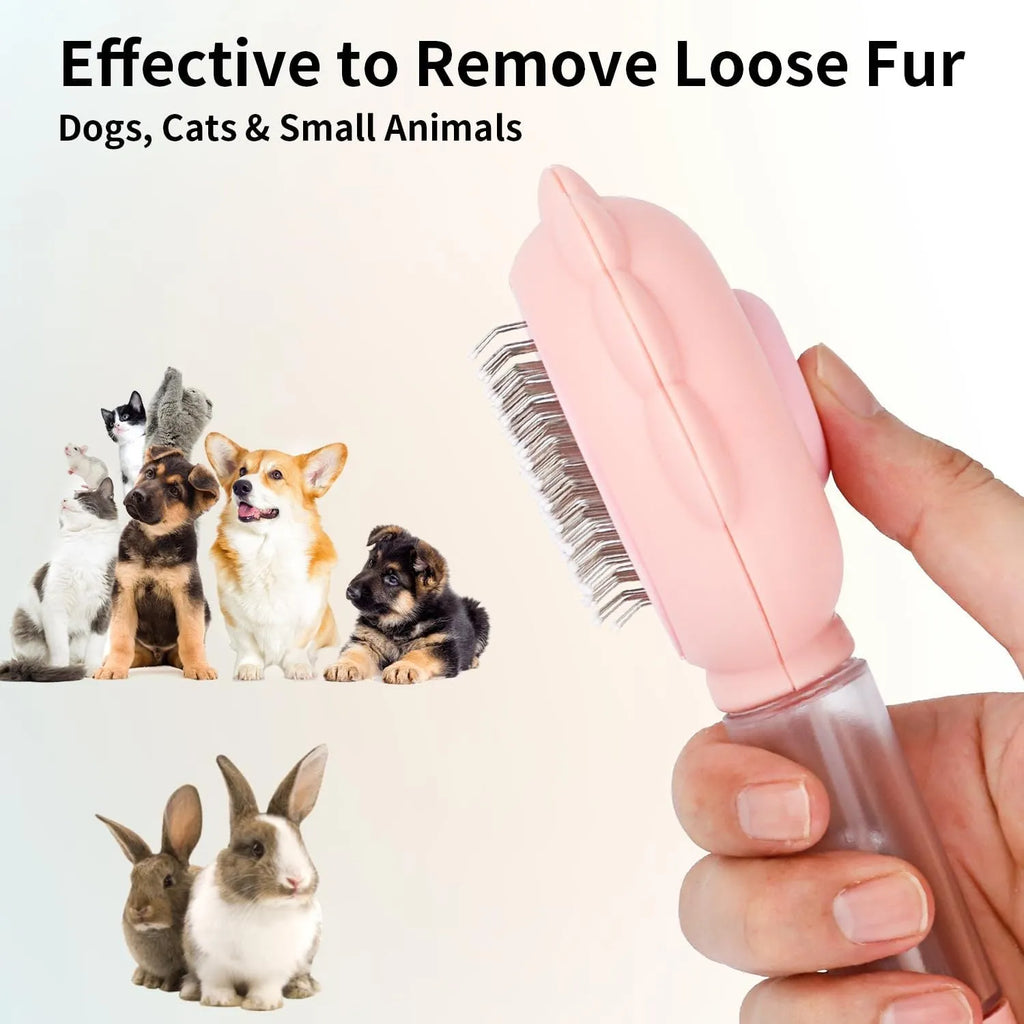 Grey spray cat brush with a release button on the handle, shown with stainless steel bristles.