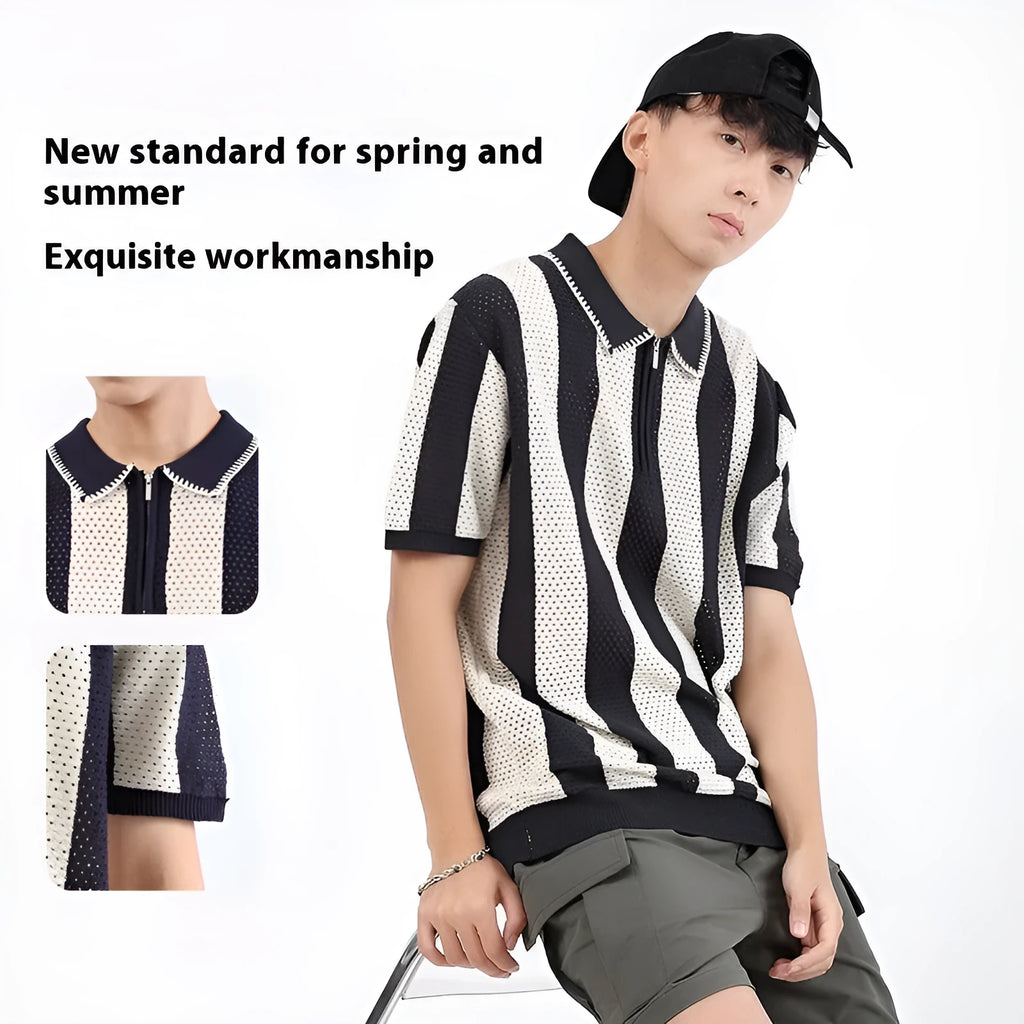 Man wearing a striped short sleeve ice silk sweater with a zipper detail in sapphire blue.