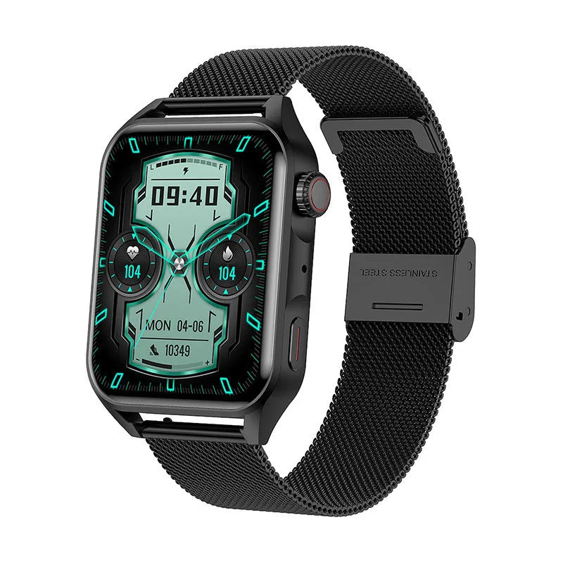 Black HD NFC smart watch with a silicone strap on a wrist, showing a multi-dial screen display.