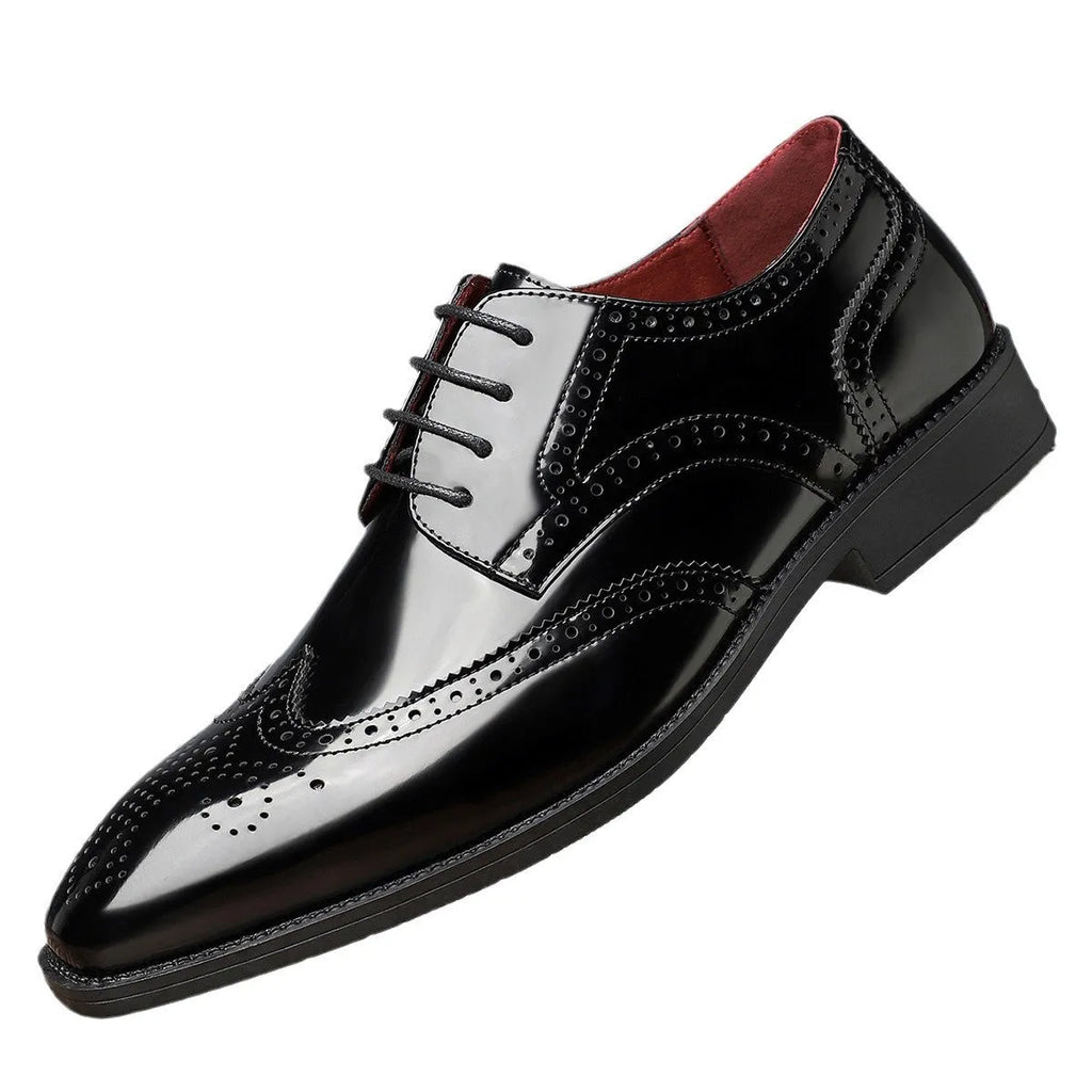 Men's retro British leather shoes with pointed toe and carved detailing, available in five colours, sizes 39-48