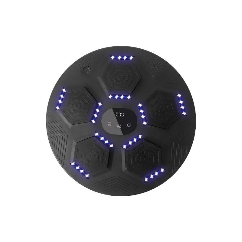 Black wall-mounted smart music boxing machine reaction target with matching black gloves.
