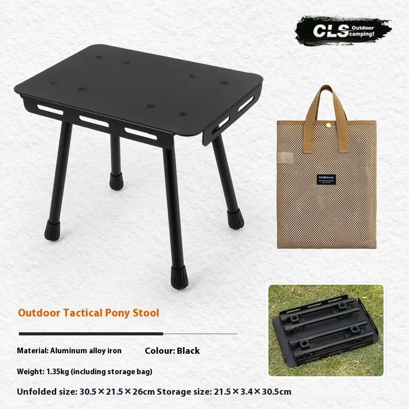 CLS aluminium folding camping stool with PU mat cushion, shown converted into a small side table.