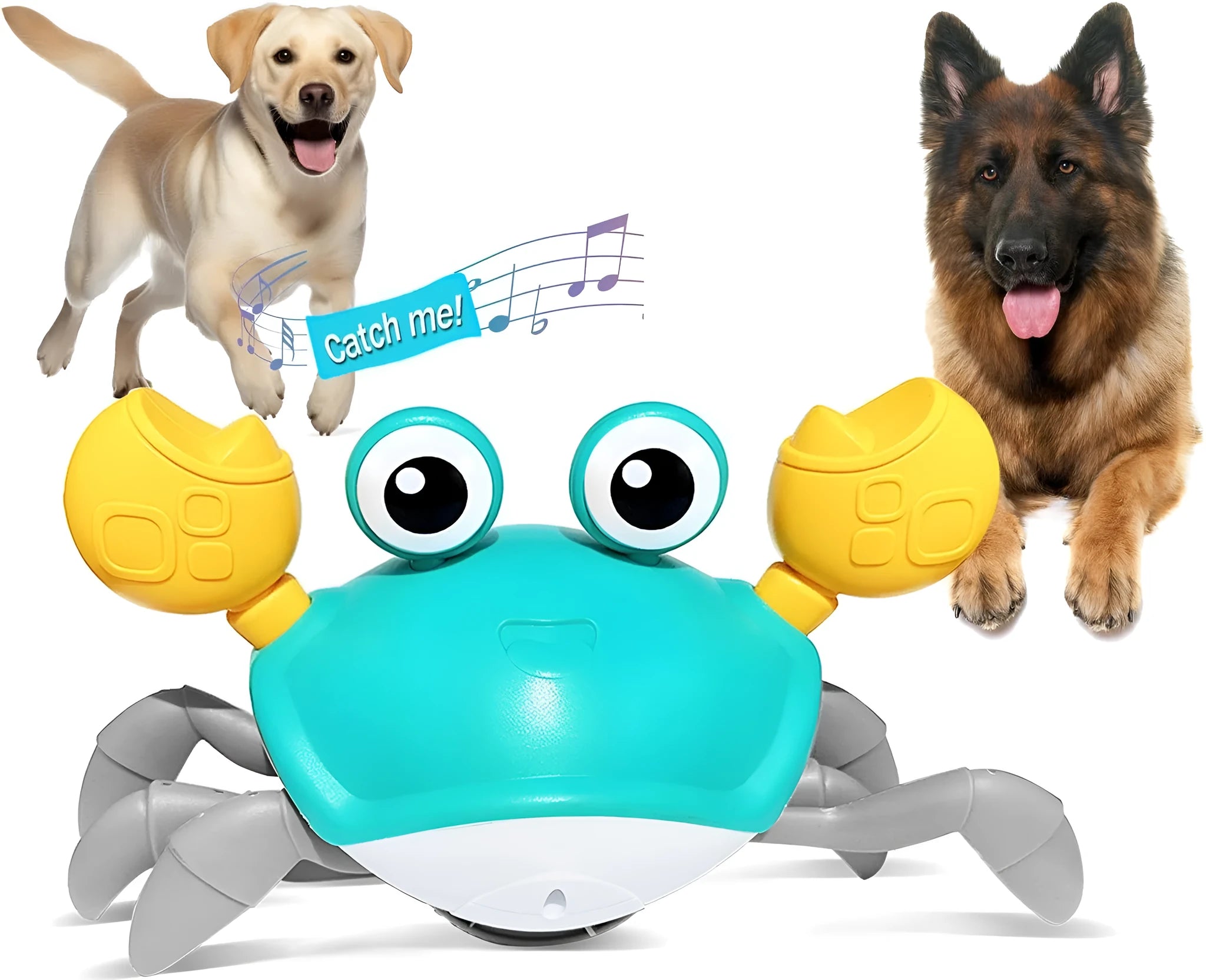 Blue crawling crab dog toy with obstacle avoidance sensors and LED lights on hardwood floor
