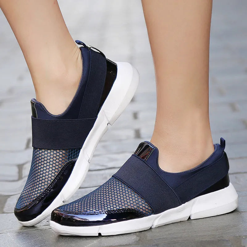 Women's blue breathable mesh sneakers with low-cut design and lightweight PU midsole