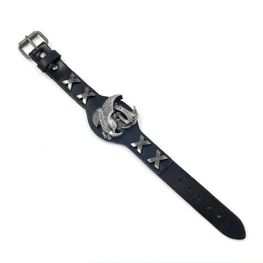 Black leather bracelet with alloy eagle watch-button clasp showing geometric patterning