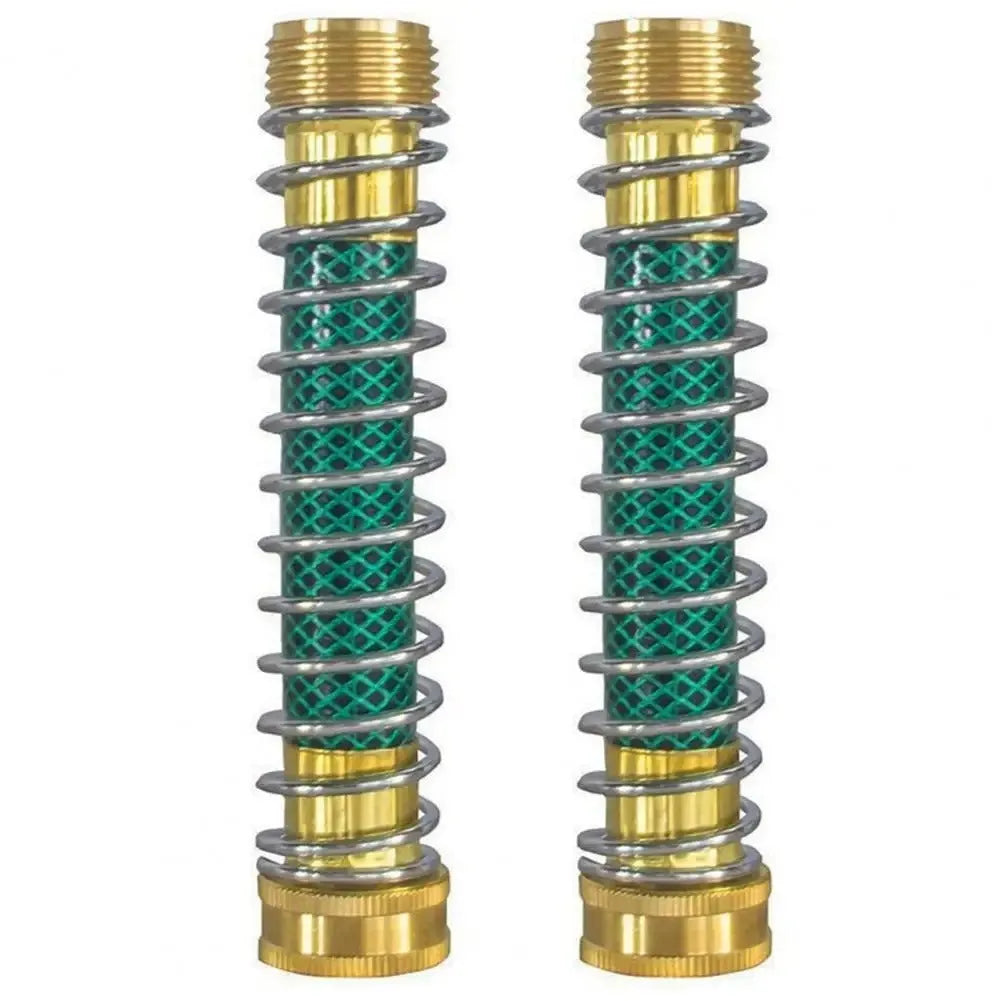 Garden hose spring connector with brass threaded joints and spiral spring mechanism