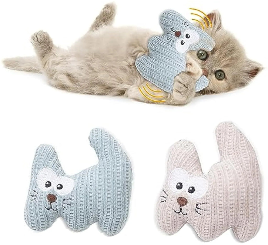 Cyan and light coffee coloured plush catnip chew toy with bell on a neutral background