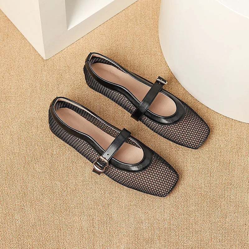 Women's beige mesh low-heel pump with square toe and buckle fastening.