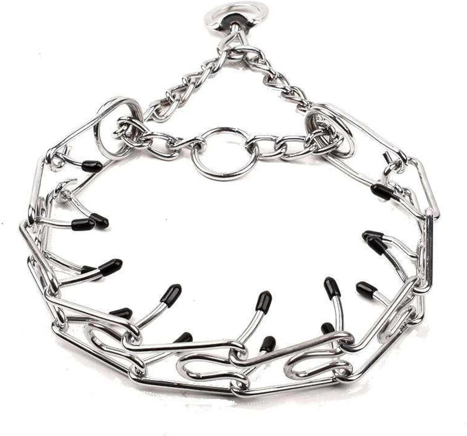 Stainless steel dog training pinch collar with rubber-tipped prongs and adjustable chain links