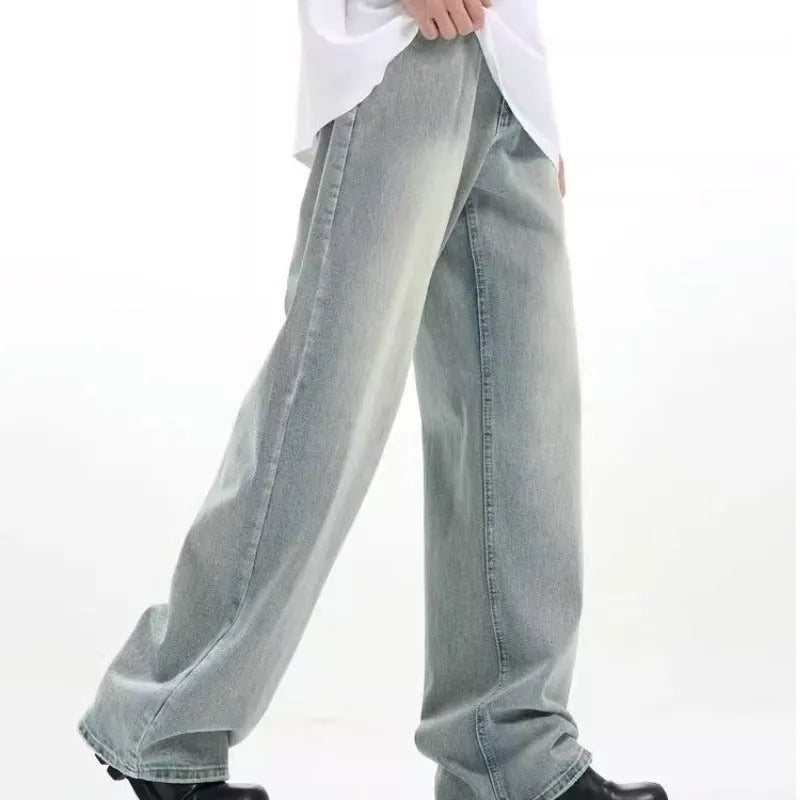 Blue retro casual trousers with loose fit and high elasticity rabbit fur fabric
