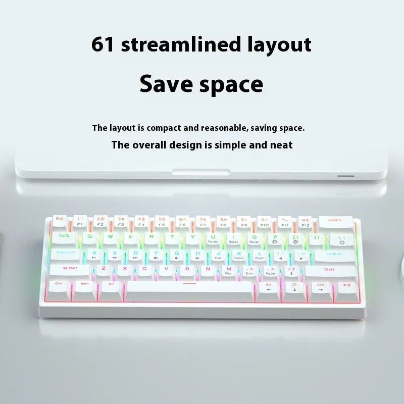 Blue and white 61-key mechanical keyboard with compact layout and hot-swappable switches