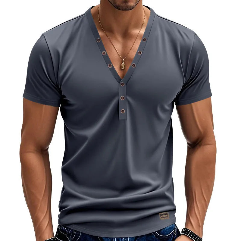 Men's loose V-neck button detail pullover top in a light blue colour on a hanger.