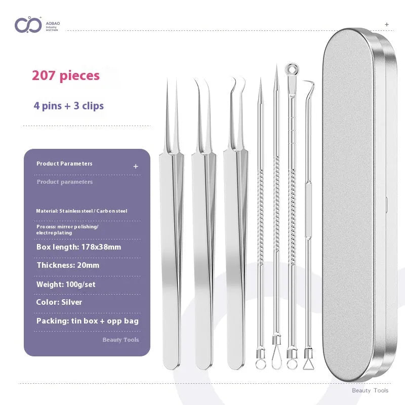 Four silver metal acne needles with ultra-fine pointed tips for skincare treatment.