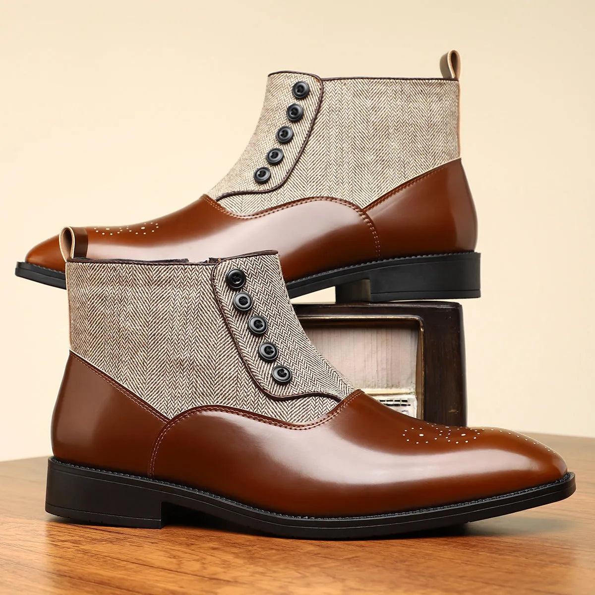 Men's brown and green retro formal shoes with side zipper and square toe.