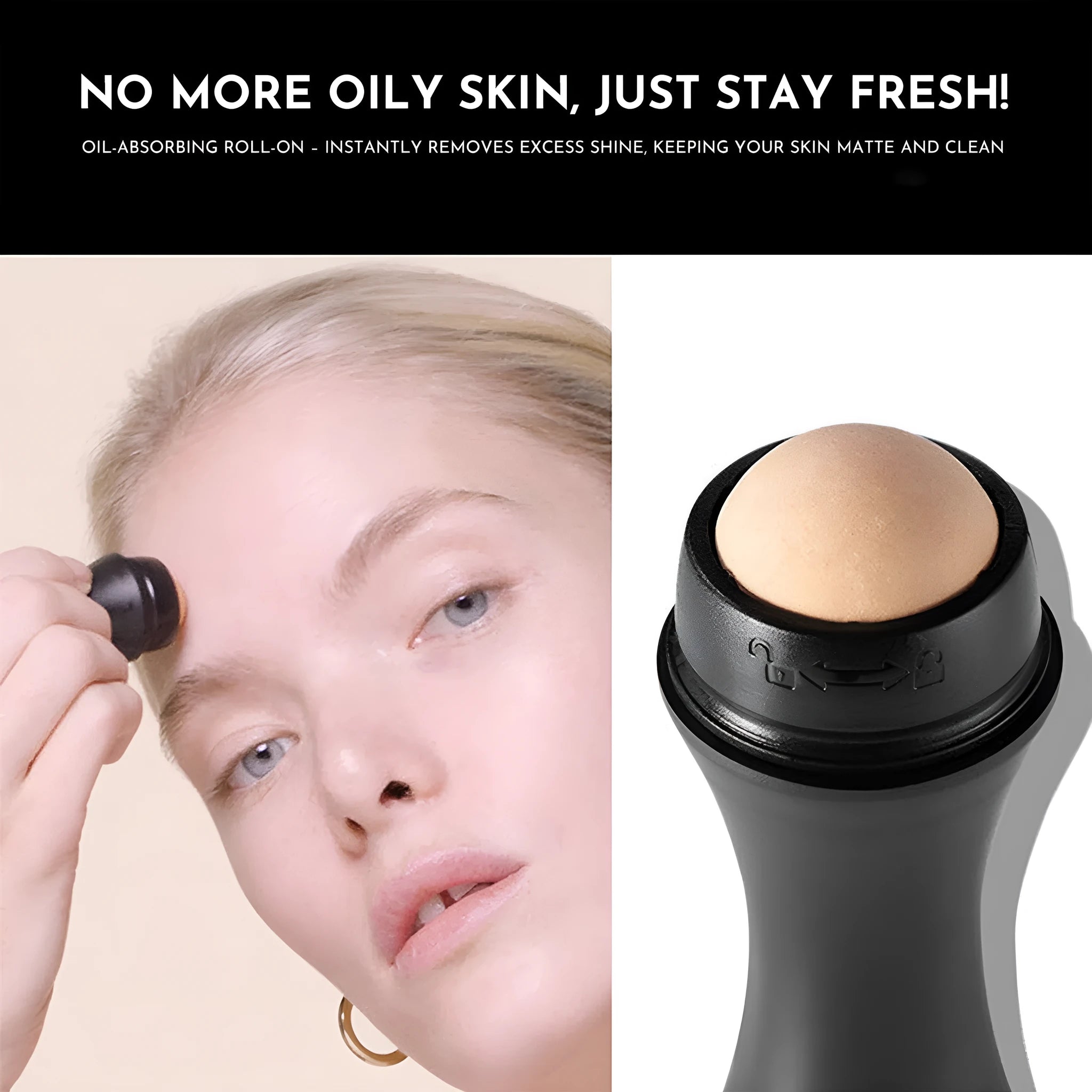 Portable volcanic stone oil-absorbing facial roller in black, green, pink, or white on a plain background.