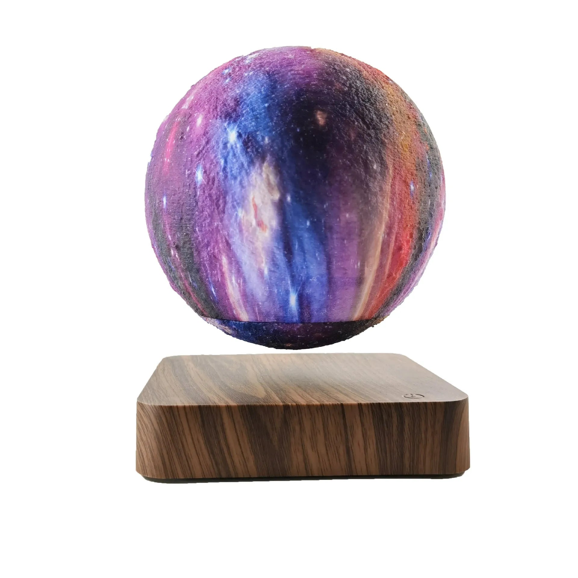 Magnetic levitation galaxy decorative light with rotating moon lamp above walnut-coloured base