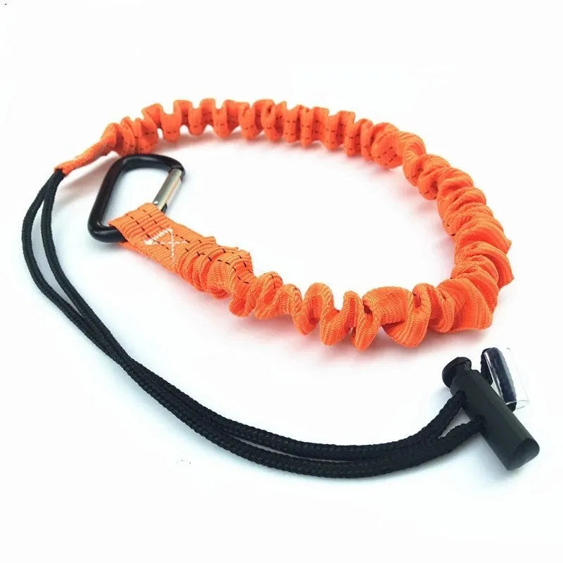 Orange fishing rod safety rope showing 90cm length and connection fittings for fall protection