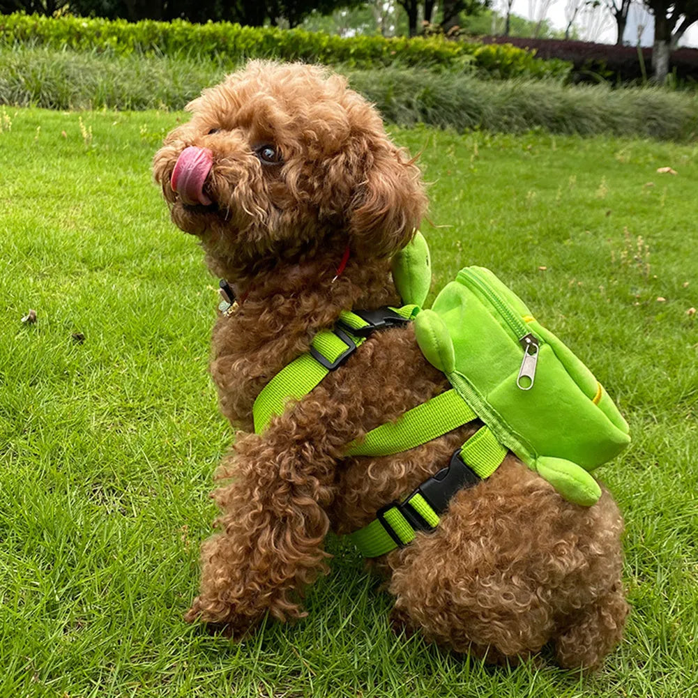 Brown velvet turtle-shaped dog harness with integrated backpack and front metal zipper.