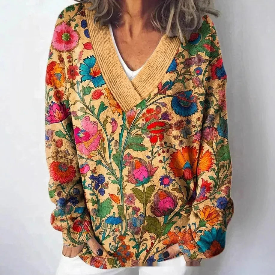 Women's V-neck long sleeve sweatshirt with a detailed 3D floral pattern print in a retro style.
