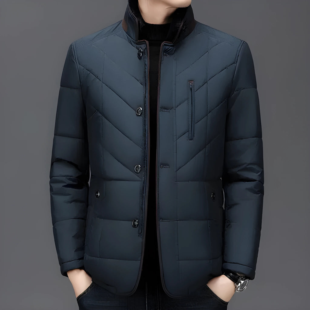 Men's solid colour winter coat with side pockets in dark blue, wine red or dark green options