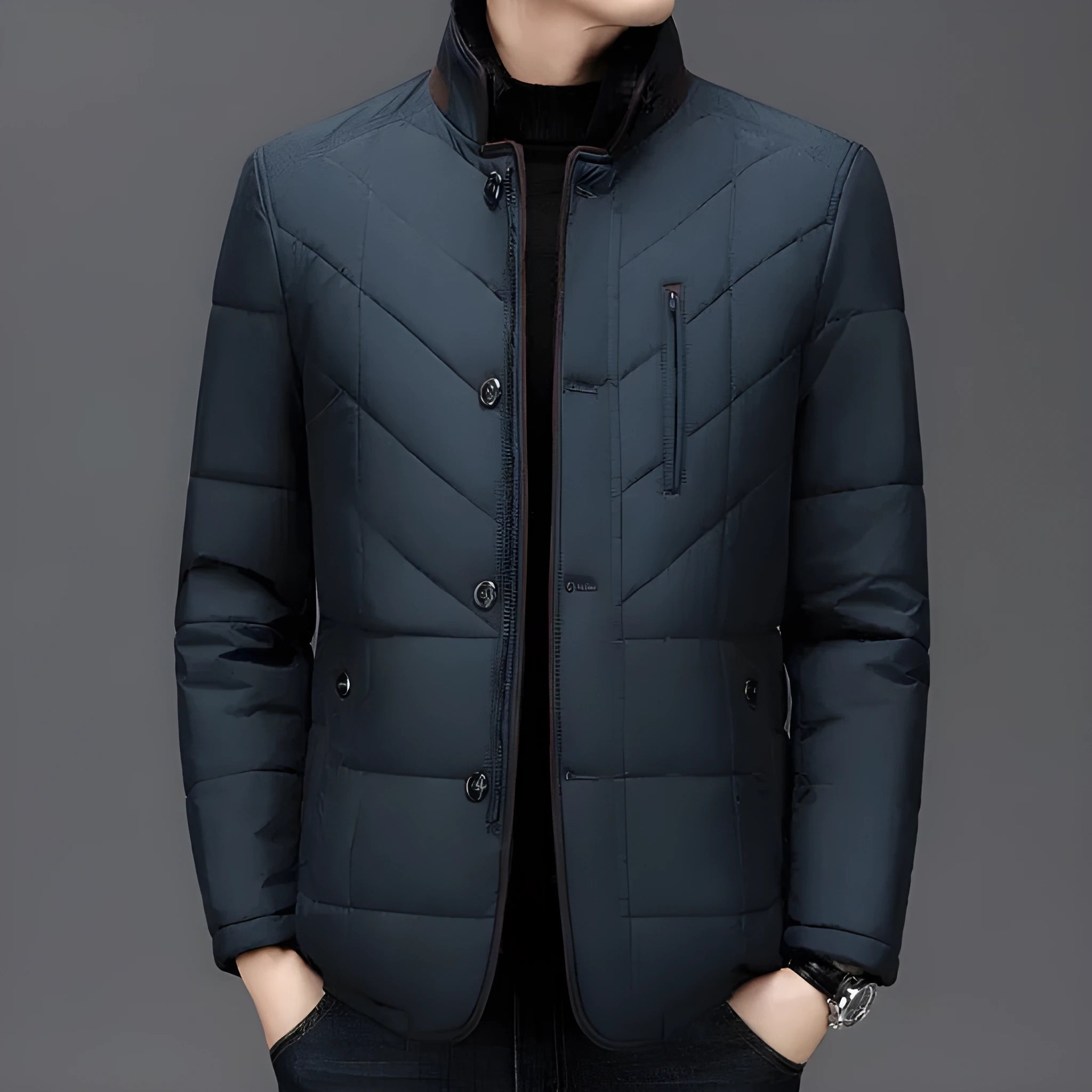 Men's solid colour winter coat with side pockets in dark blue, wine red or dark green options