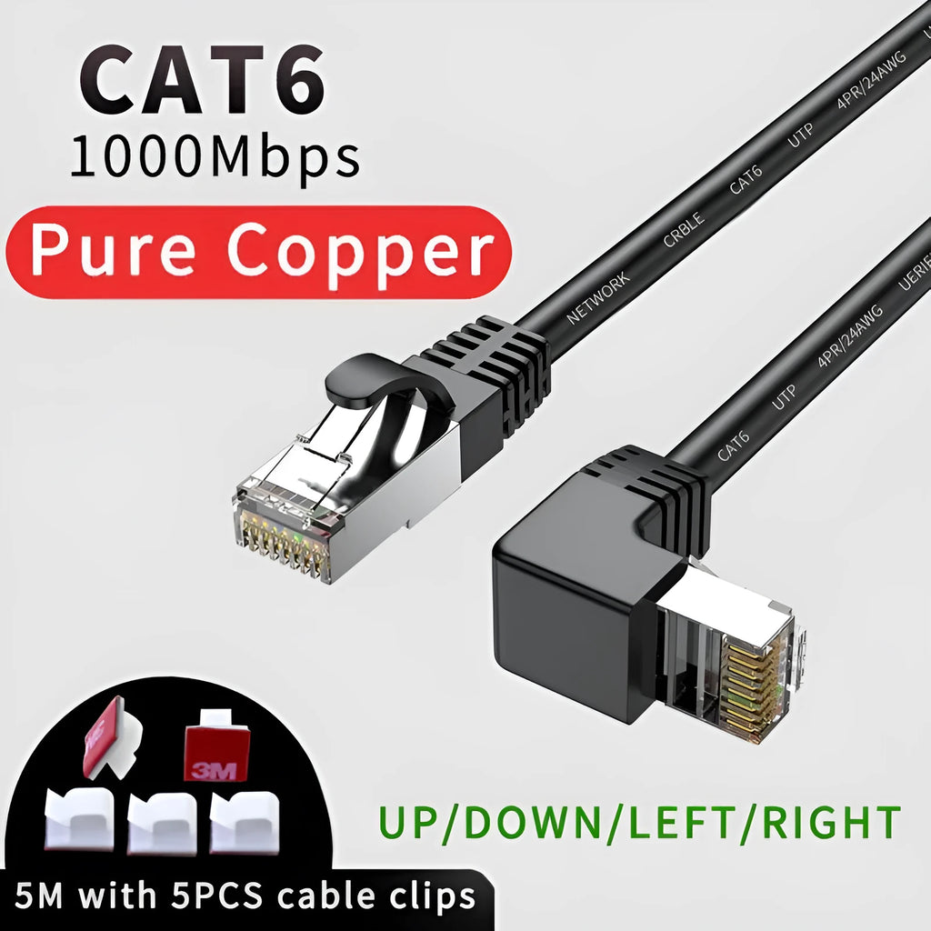 Cat6 Ethernet cable with right-angle metal RJ45 connector in black, shown alongside length and colour options.