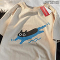 Short sleeve cotton T-shirt with diving black cat design in multiple colour options