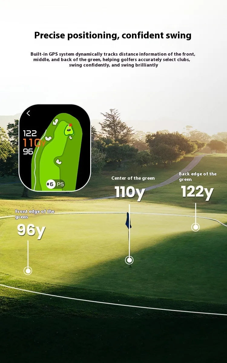 Black GenePro G1 golf GPS rangefinder with AMOLED display showing distance measurement