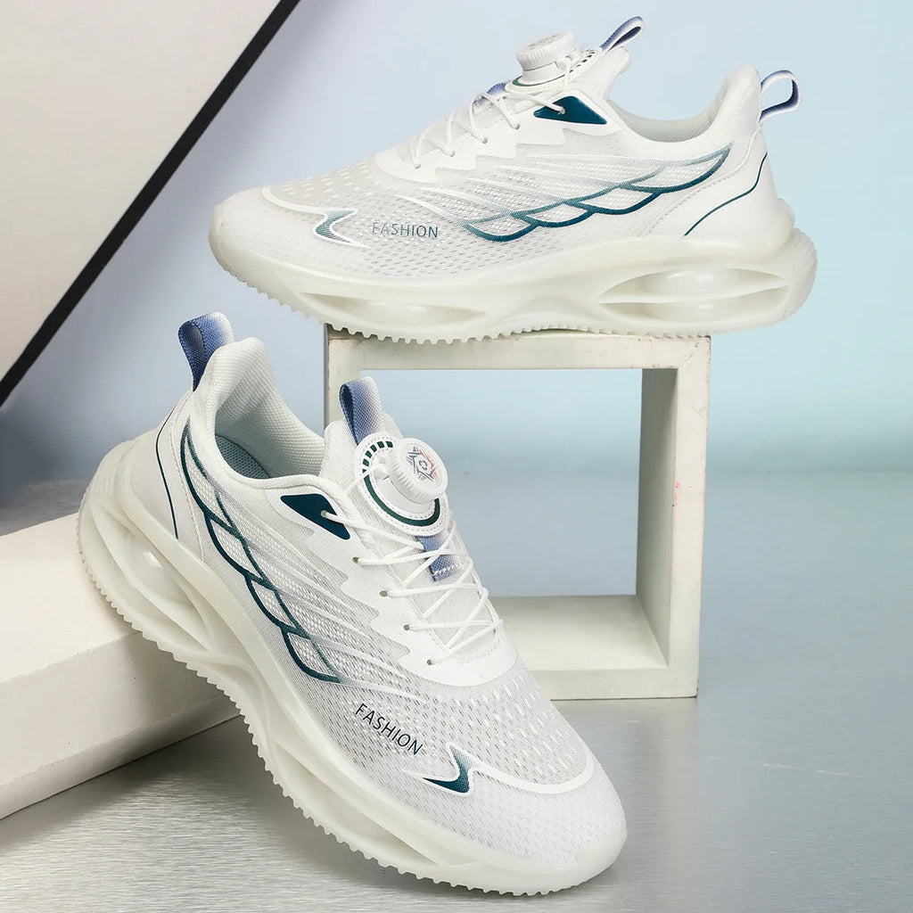 Pair of breathable casual running shoes with mesh upper and rubber sole in a solid colour.