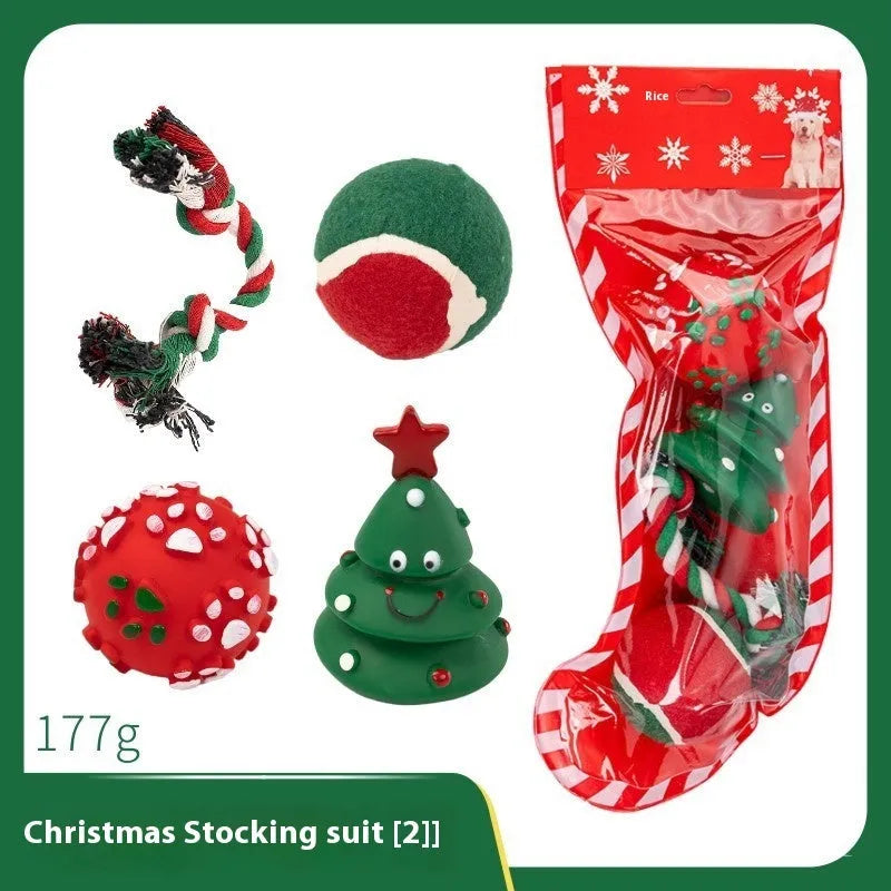 Christmas dog chew toys set with vinyl Santa heads, trees, and festive shapes in gift packaging