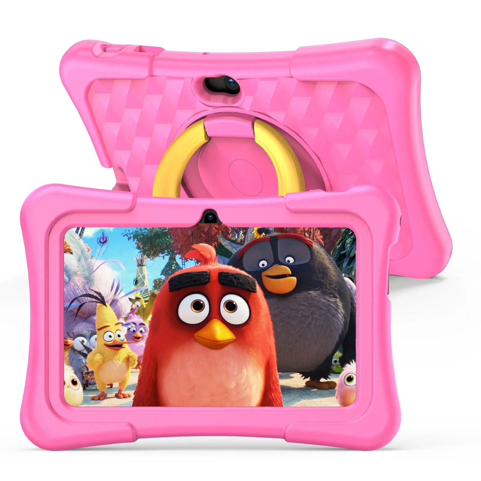 Pink and blue children's educational tablet with silicone protective cover and a rotating handle bracket attached.
