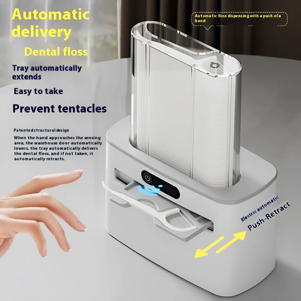 Automatic rechargeable dental floss box in dark grey, gold, and light grey colours with floss refill
