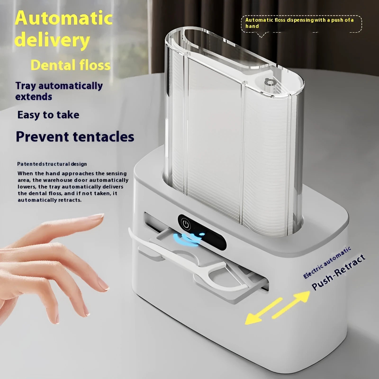 Automatic rechargeable dental floss box in dark grey, gold, and light grey colours with floss refill