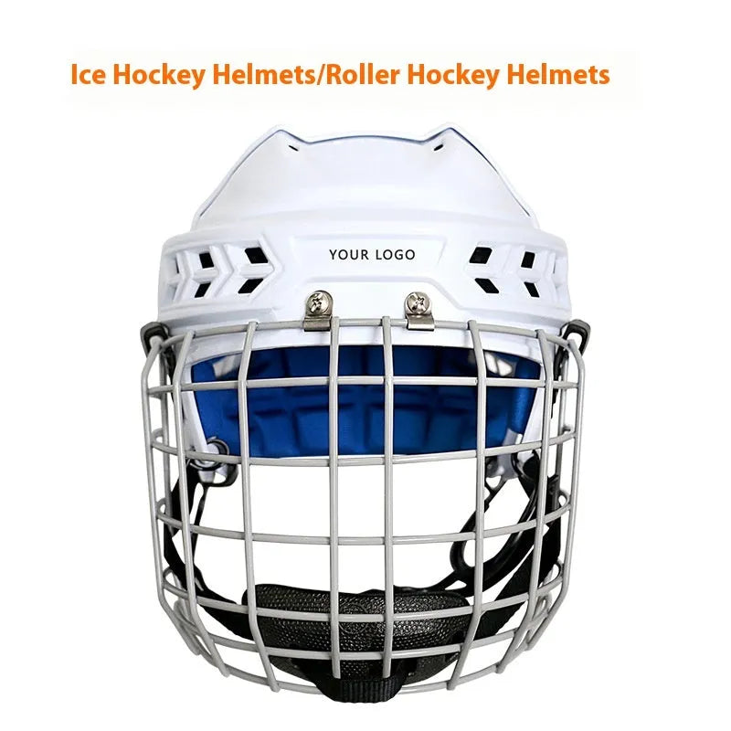 Ice hockey helmet with carbon steel face mask in multiple sizes for head protection