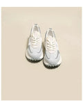 Women's grey and pink retro sneakers with low-top flat heel design and mesh lining