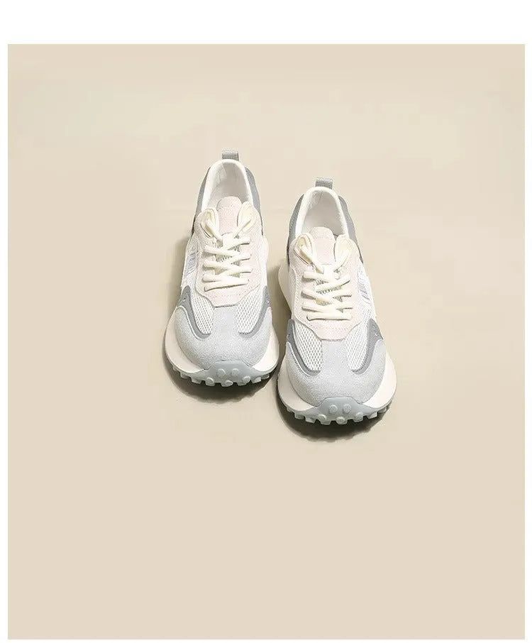 Women's grey and pink retro sneakers with low-top flat heel design and mesh lining