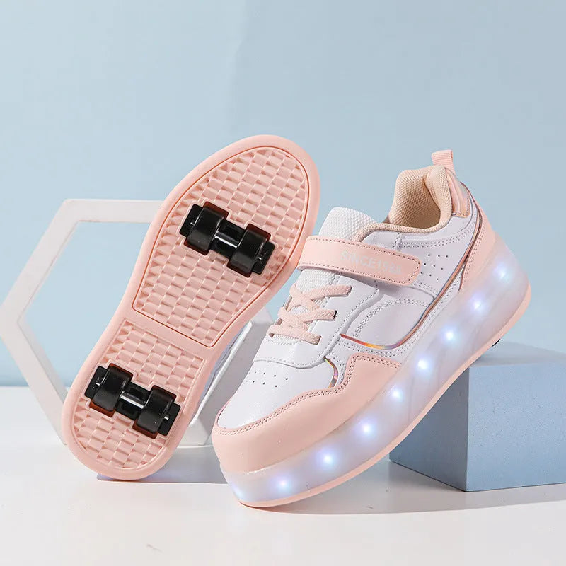 Charging flash rollerskates with LED lights in pink, white, black or purple with two or four wheels