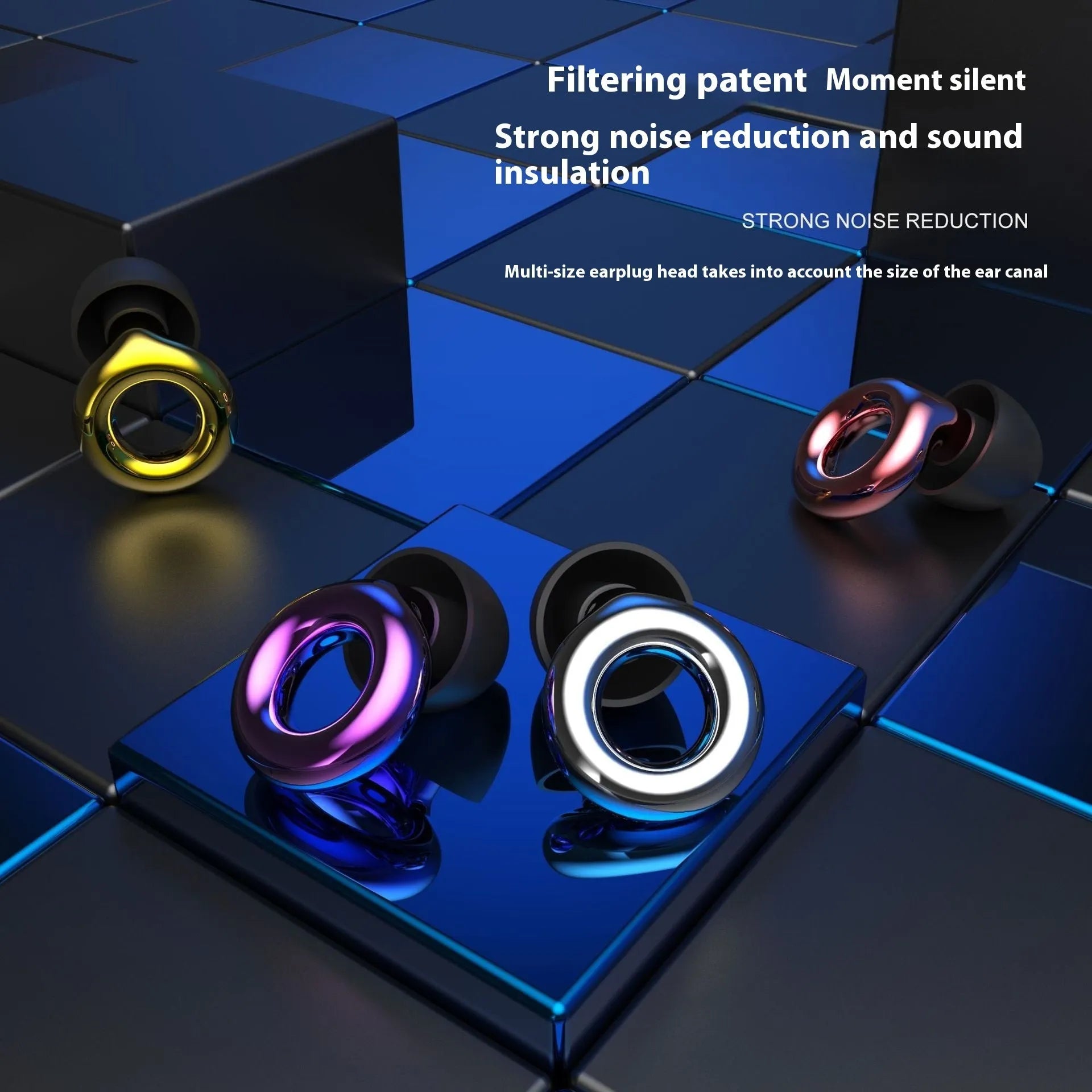 Set of reusable noise reduction earplugs in gold, silver, transparent, purple, and rose gold with storage box.