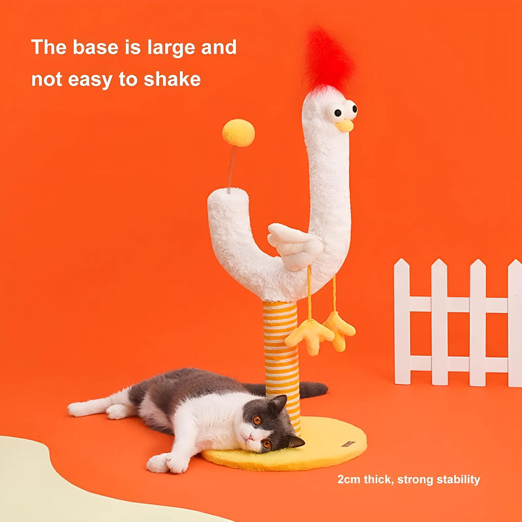 Yellow vertical cat scratching post with sisal wrapping and a spring ball toy attached.