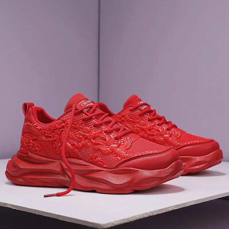 Men's dragon fly knit casual sneakers in Chinese Dragon colour with rubber sole